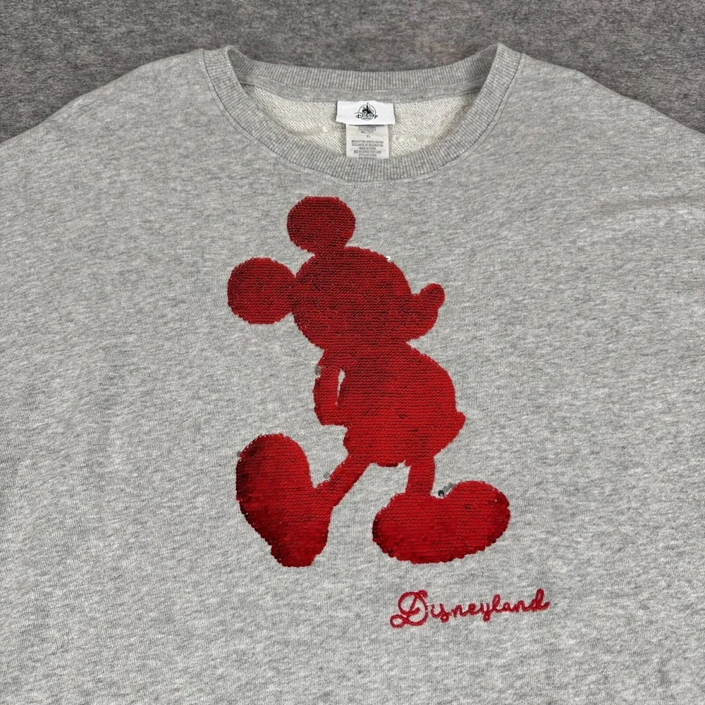 Disney Parks Sweatshirt Sweater Mickey Mouse Disneyland Sequins Gray Womens XL‎